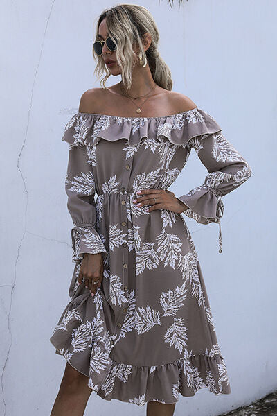 Ruffled Printed Off-Shoulder Midi Dress - AllIn Computer