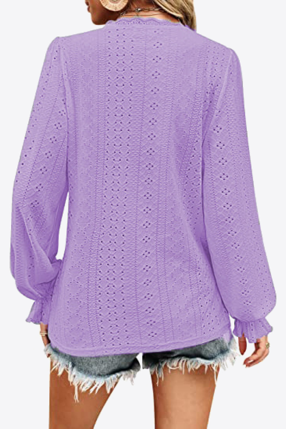 Eyelet V-Neck Flounce Sleeve Blouse - AllIn Computer