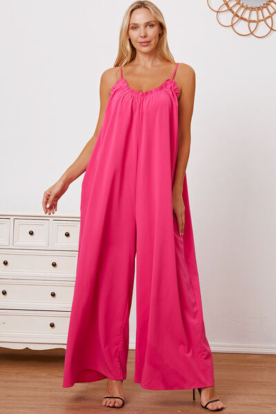 Full Size Ruffle Trim Tie Back Cami Jumpsuit with Pockets - AllIn Computer