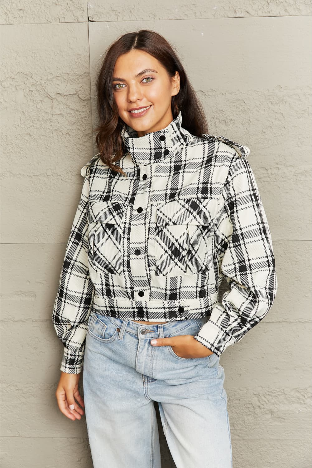 Plaid Collared Neck Long Sleeve Jacket - AllIn Computer