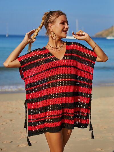 Tassel Openwork Striped V-Neck Cover Up - AllIn Computer