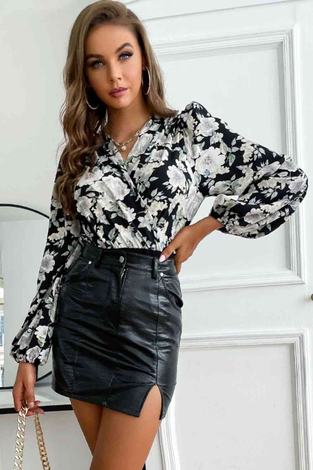Floral Surplice Neck Puff Sleeve Bodysuit - AllIn Computer