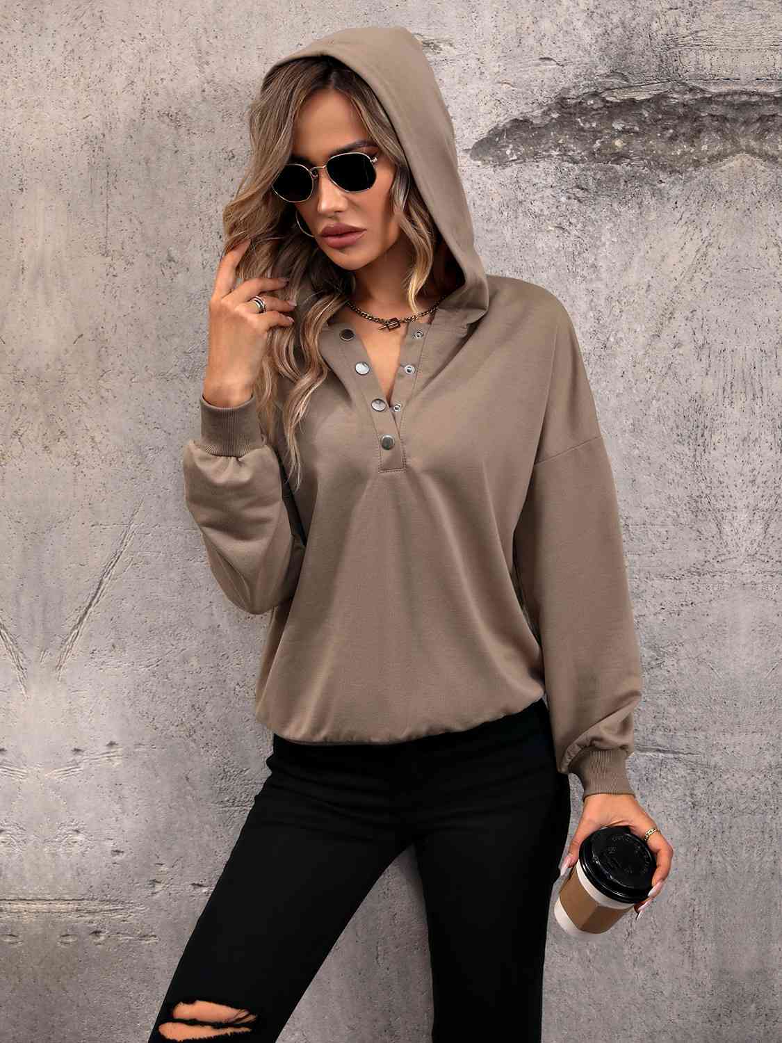 Dropped Shoulder Half Snap Hoodie - AllIn Computer