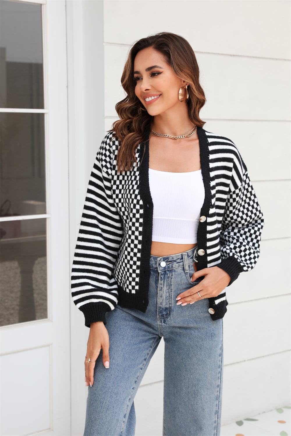 Button-Down Stripe & Plaid Contrast Pattern Cardigan - AllIn Computer