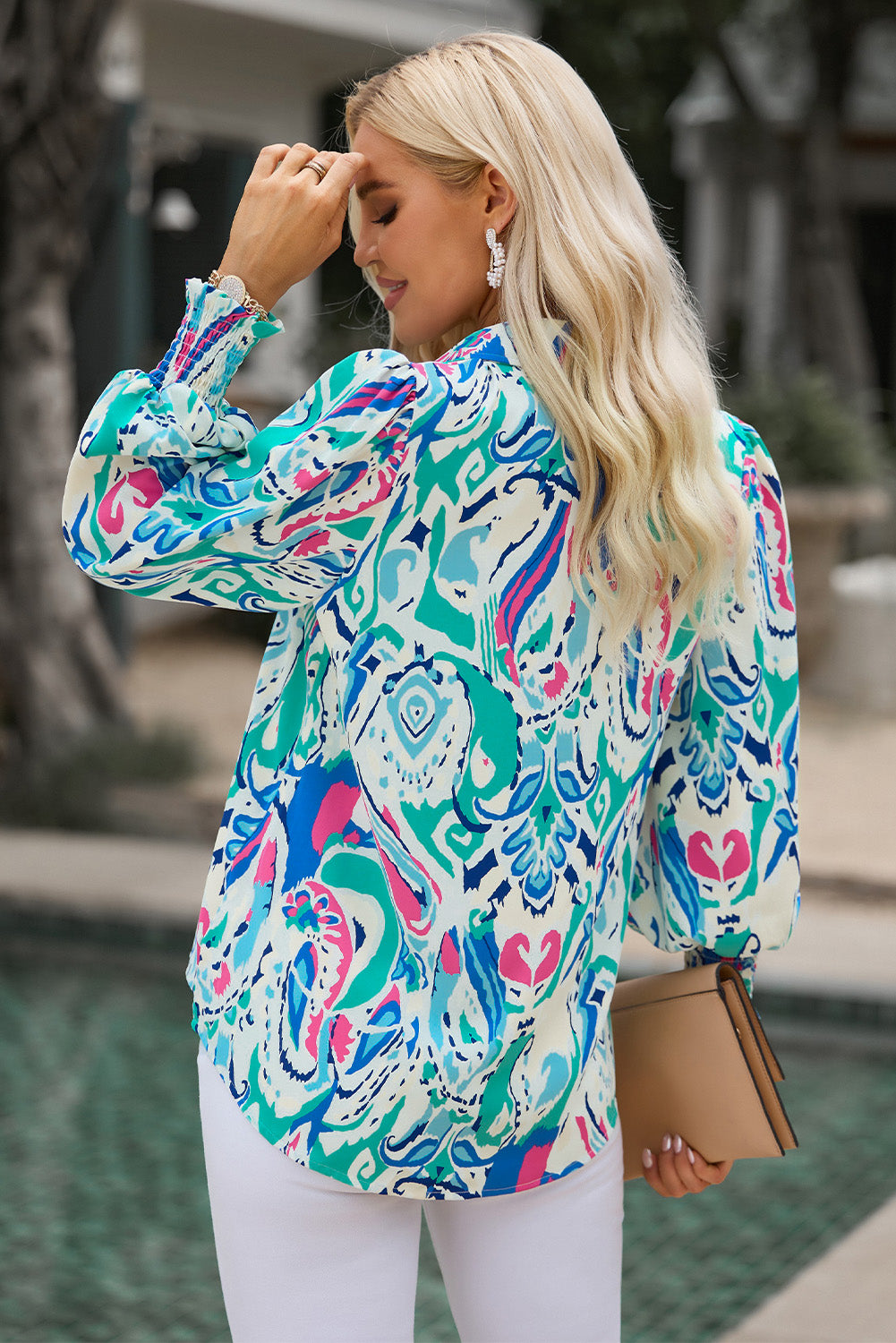 Printed Puff Sleeve Collared Blouse - AllIn Computer