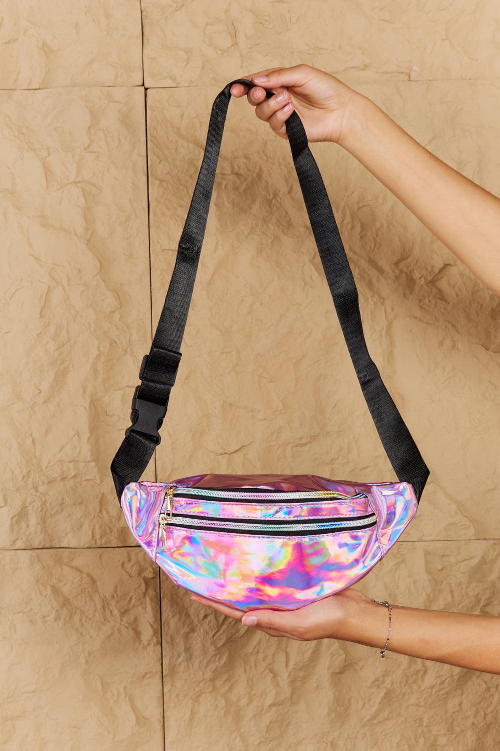Fame Good Vibrations Holographic Double Zipper Fanny Pack in Hot Pink - AllIn Computer