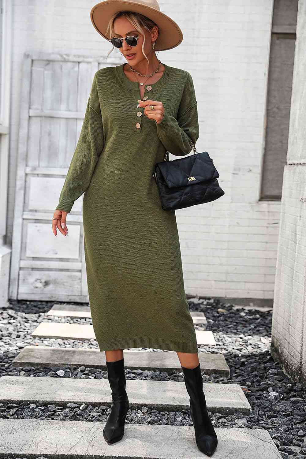 Notched Neck Dropped Shoulder Button-Down Midi Dress - AllIn Computer