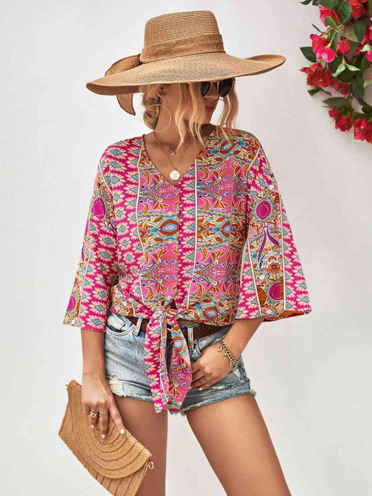 Tie Hem V-Neck Three-Quarter Sleeve Blouse - AllIn Computer