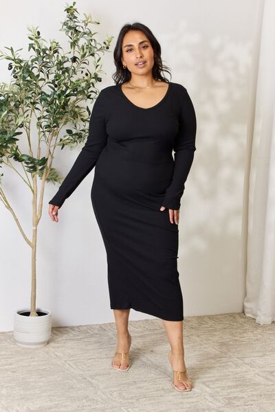 Culture Code Full Size Ribbed Long Sleeve Midi Slit Dress - AllIn Computer