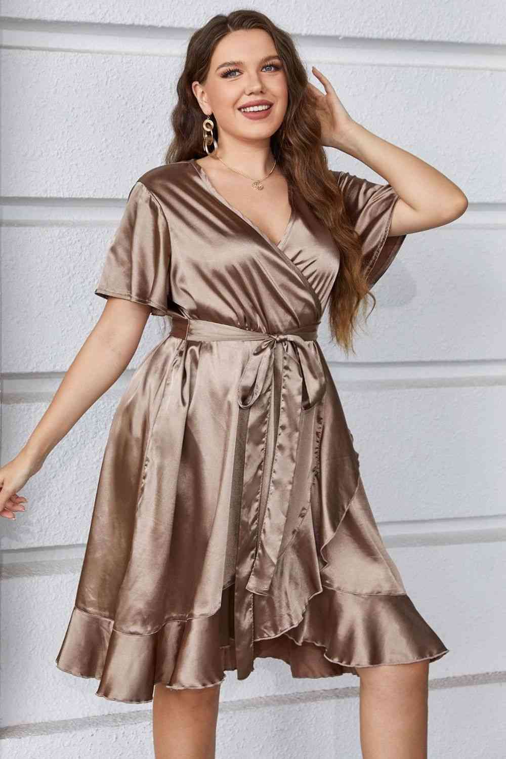 Plus Size Belted Ruffled Surplice Dress - AllIn Computer