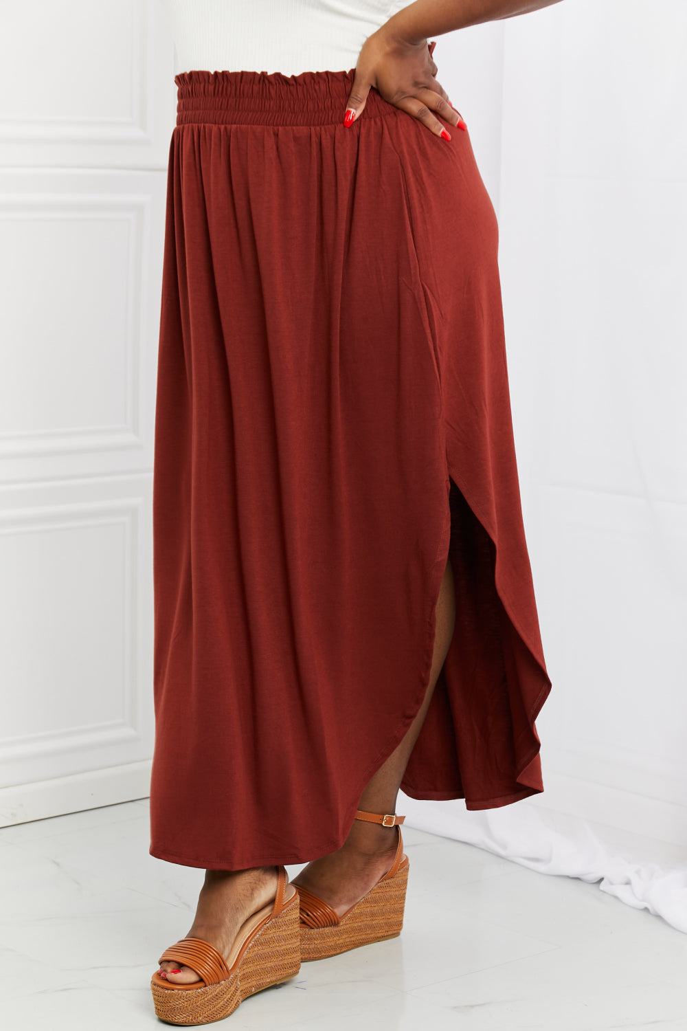 Zenana It's My Time Full Size Side Scoop Scrunch Skirt in Dark Rust - AllIn Computer