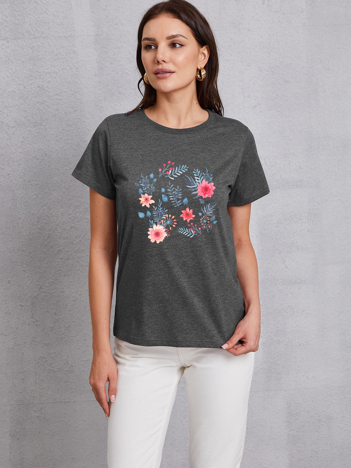 Flower Round Neck Short Sleeve T-Shirt - AllIn Computer