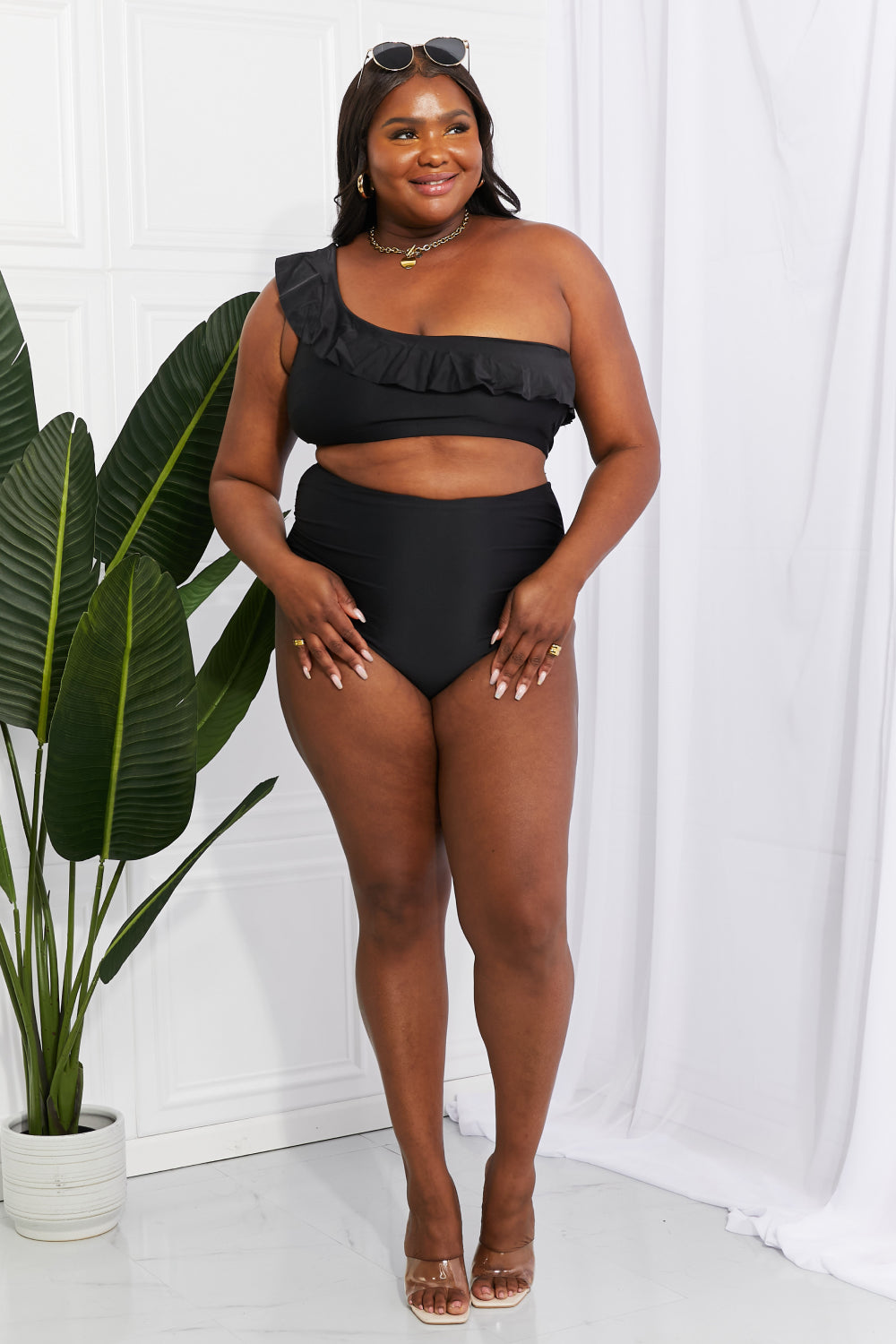 Marina West Swim Seaside Romance Ruffle One-Shoulder Bikini in Black - AllIn Computer