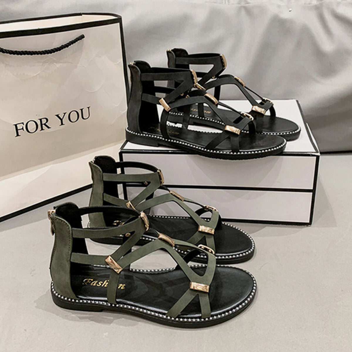 Open Toe Back Zipper Flat Sandals - AllIn Computer