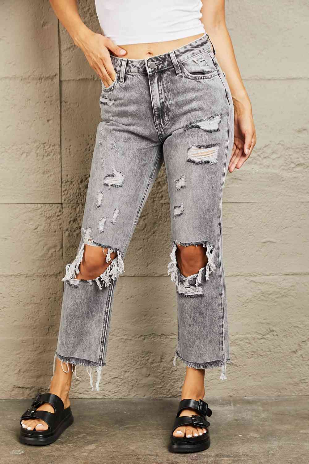 BAYEAS Acid Wash Distressed Straight Jeans - AllIn Computer