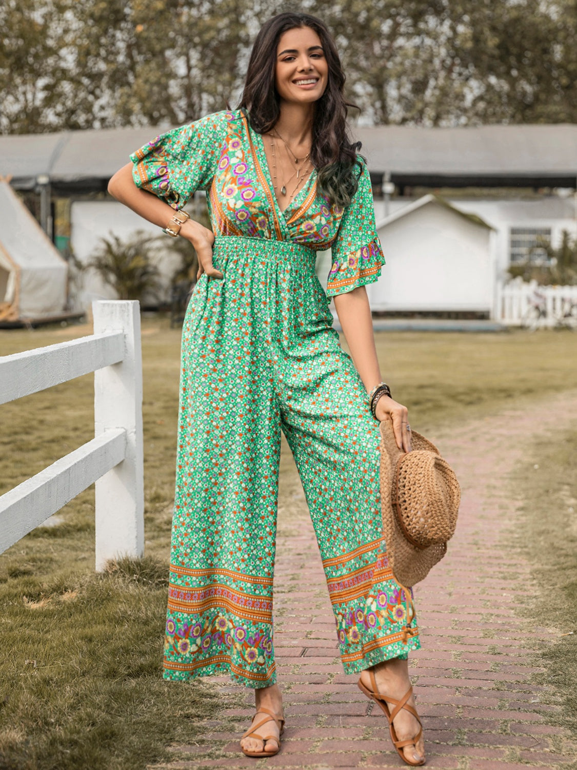 Floral Surplice Flutter Sleeve Jumpsuit - AllIn Computer