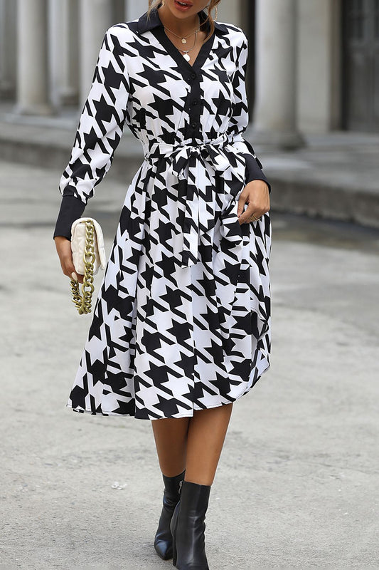 Houndstooth Johnny Collar Tie Waist Dress - AllIn Computer
