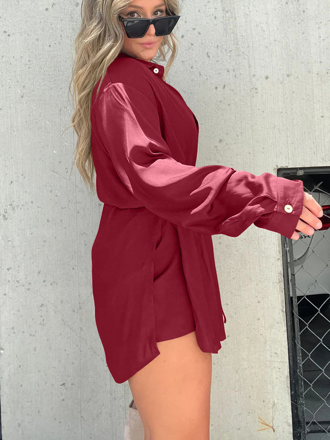 Button Up Long Sleeve Slit Shirt and Shorts Set - AllIn Computer