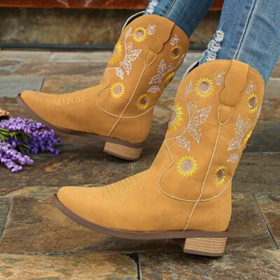Sunflower Embroidered Block Heel Boots - AllIn Computer