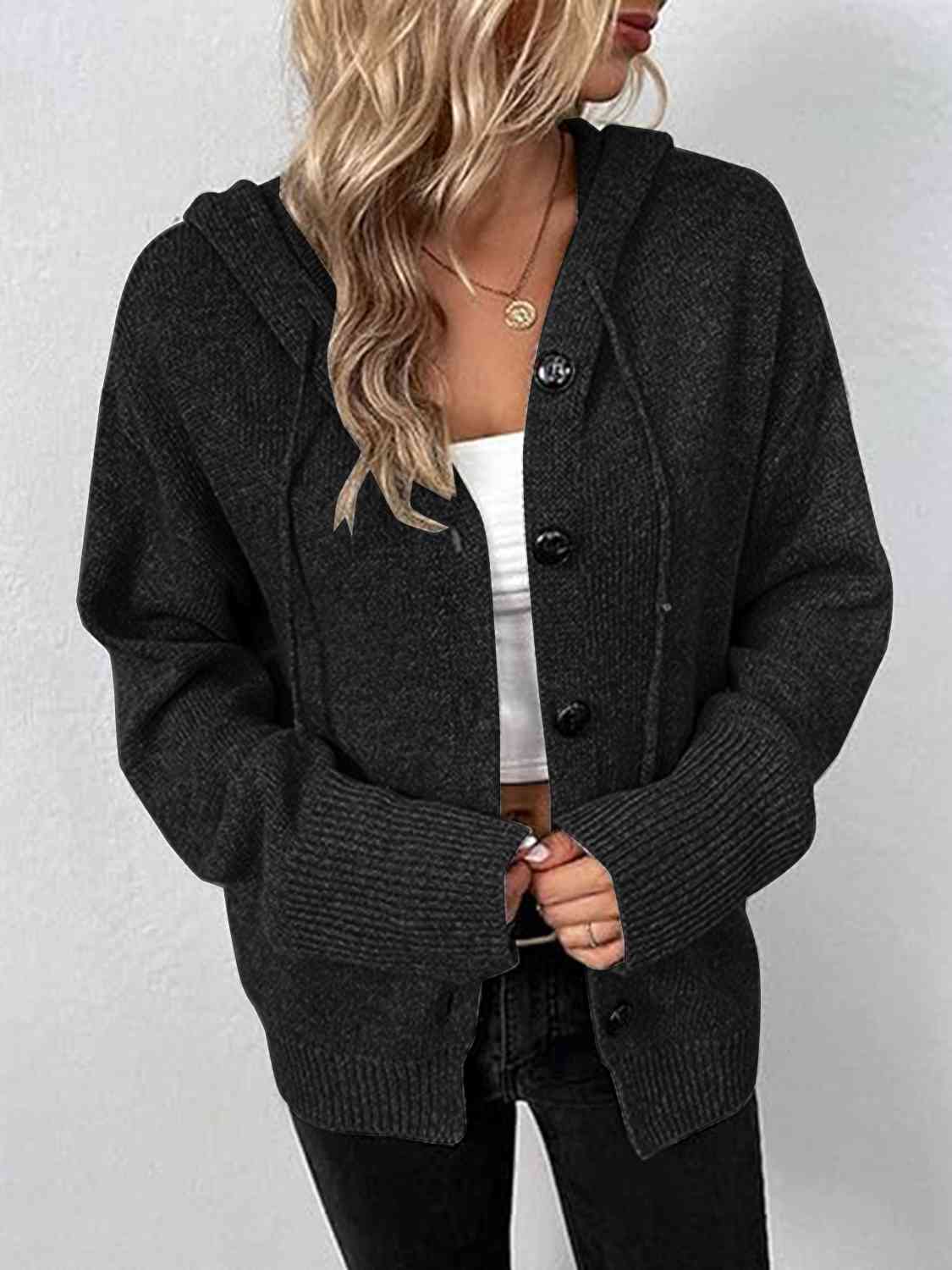 Button Up Drawstring Long Sleeve Hooded Cardigan - AllIn Computer