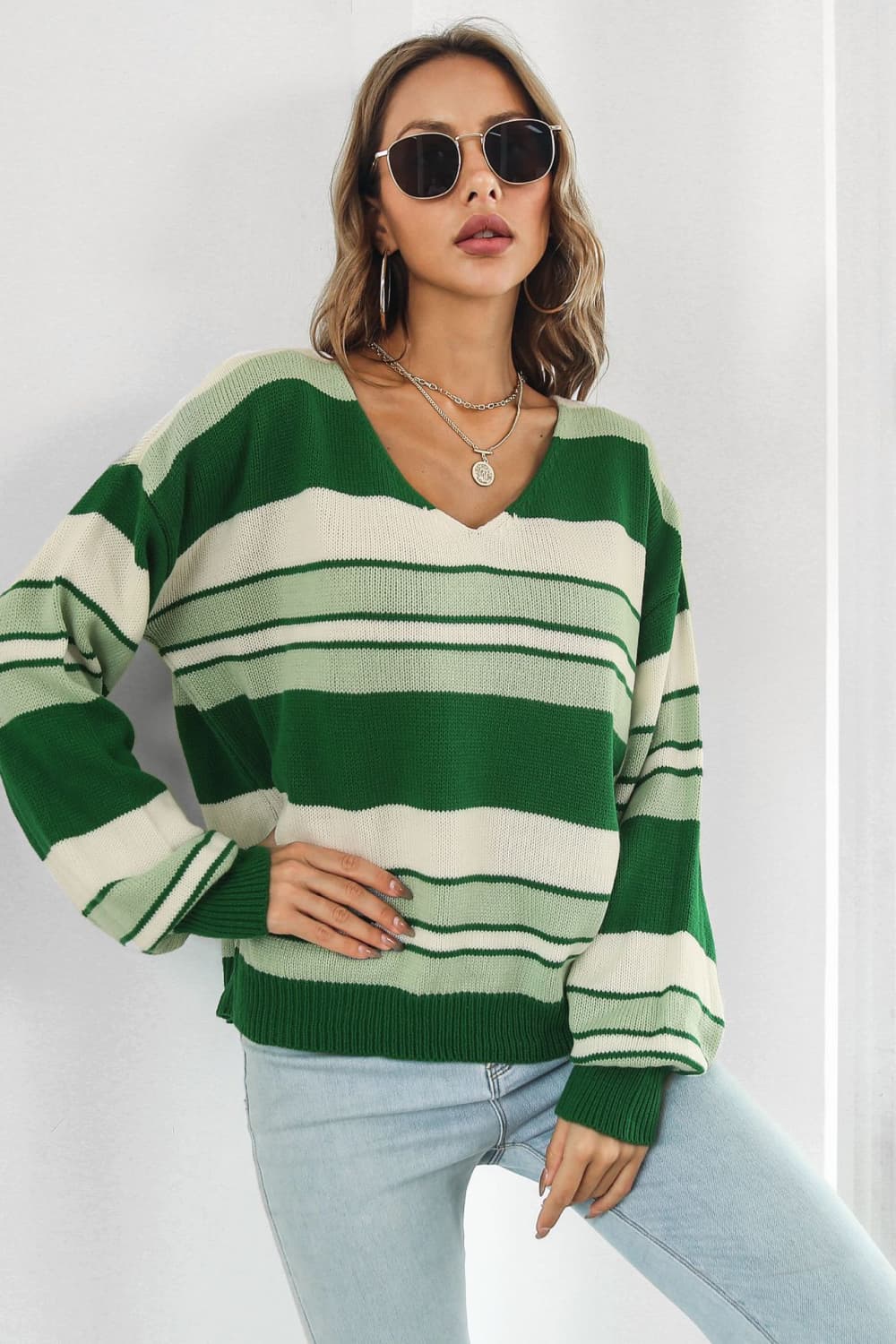 Striped V-Neck Dropped Shoulder Sweater - AllIn Computer