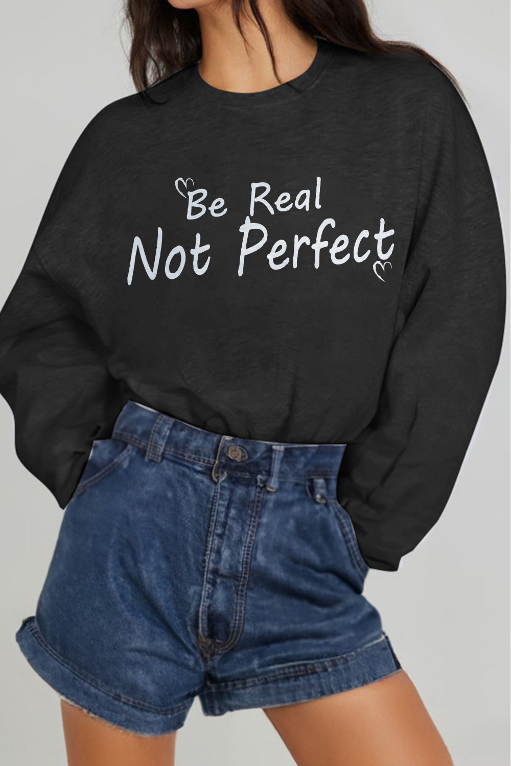 Simply Love Full Size BE REAL NOT PERFECT Graphic Sweatshirt - AllIn Computer