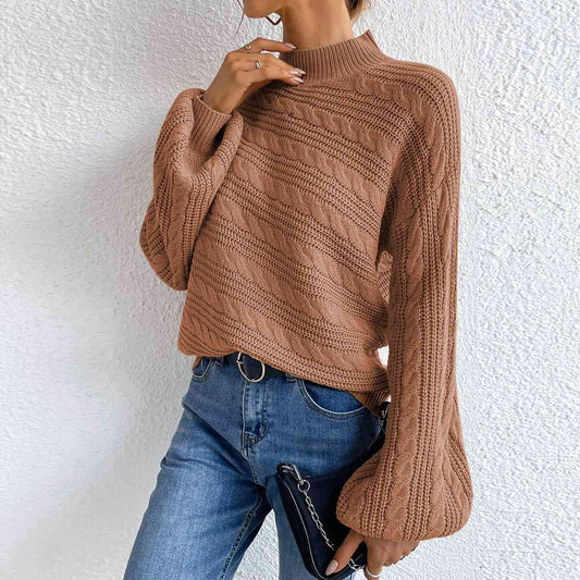 Cable-Knit Mock Neck  Long Sleeve Sweater - AllIn Computer