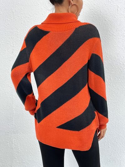 Striped Turtleneck Dropped Shoulder Sweater - AllIn Computer