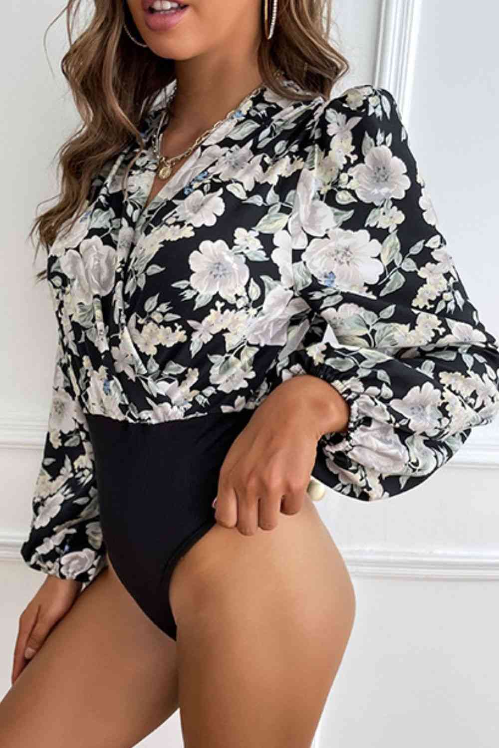 Floral Surplice Neck Puff Sleeve Bodysuit - AllIn Computer