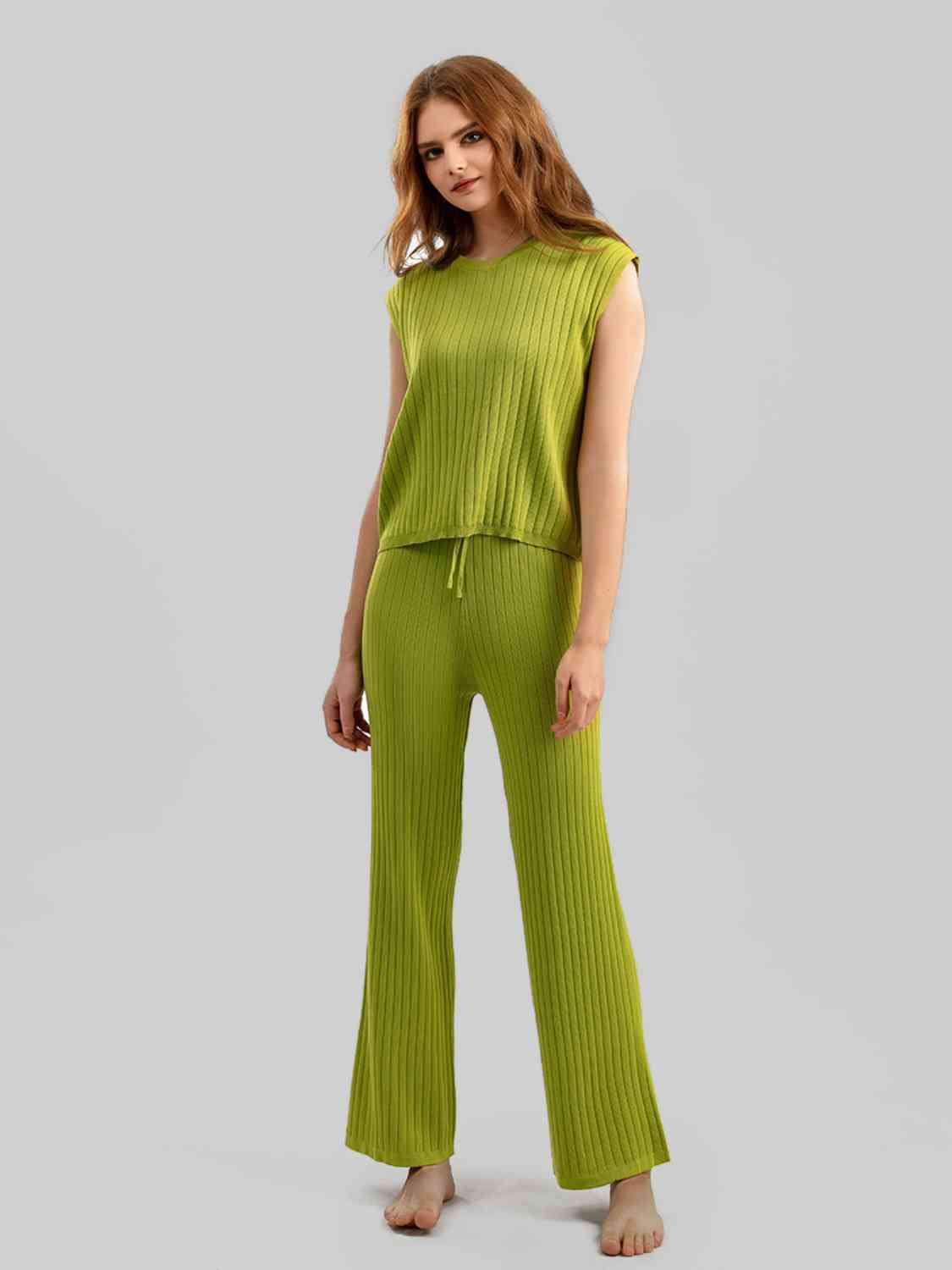 Ribbed Sweater Vest and Drawstring Knit Pants Set - AllIn Computer