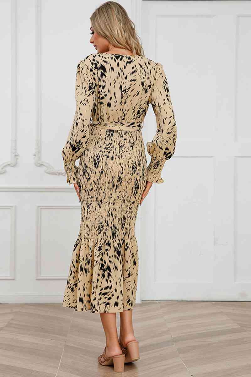Printed V-Neck Smocked Midi Dress - AllIn Computer