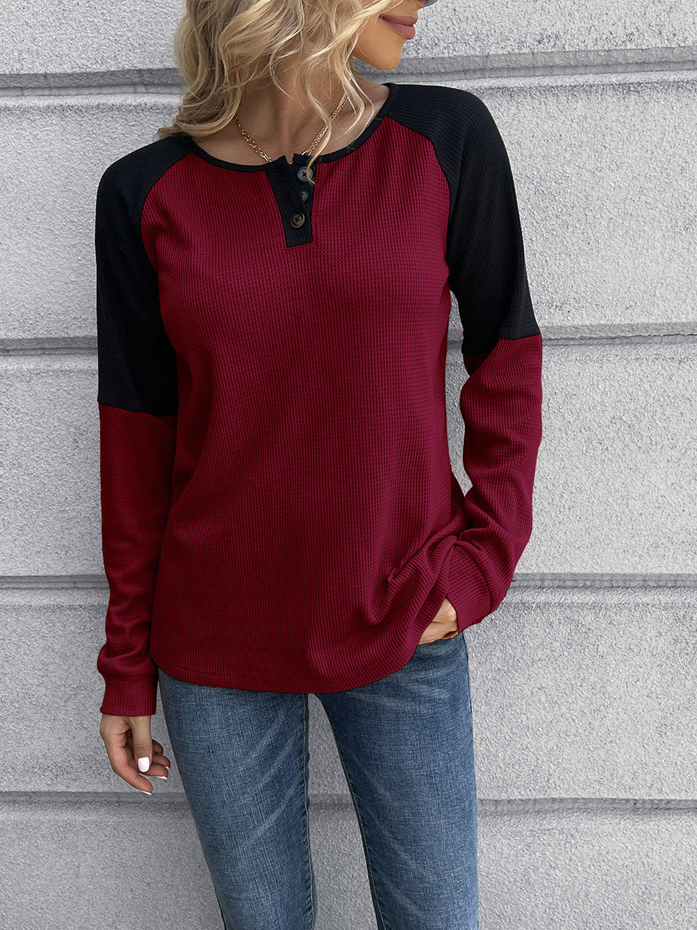 Contrast Buttoned Round Neck Raglan Sleeve Top - AllIn Computer