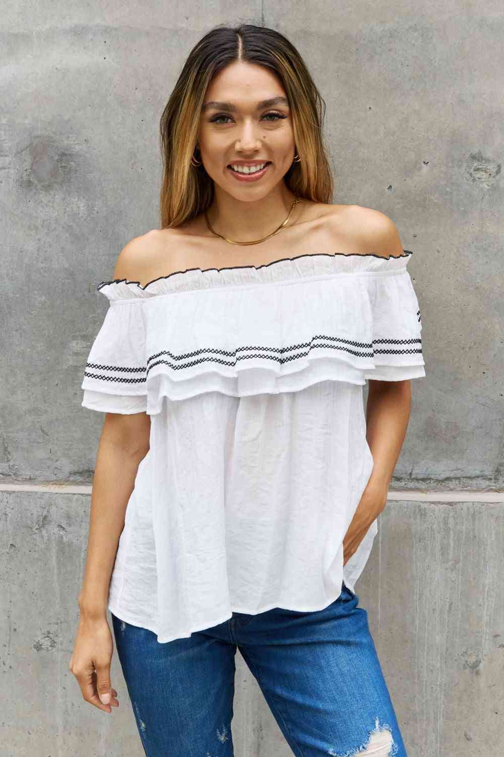 ODDI Full Size Off The Shoulder Ruffle Blouse - AllIn Computer