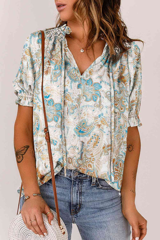 Printed Tie Neck Flounce Sleeve Top - AllIn Computer