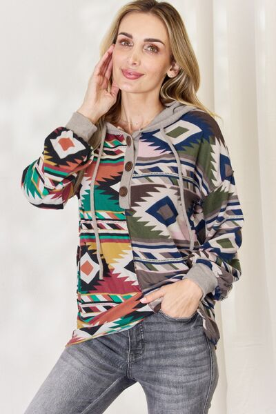 Celeste Full Size Geometric Exposed Seam Drawstring Hoodie - AllIn Computer