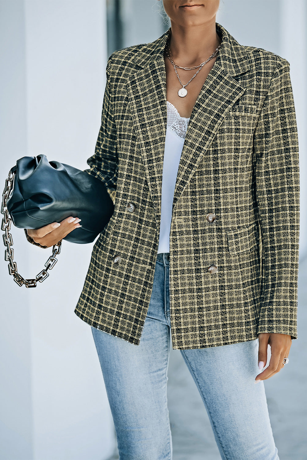 Plaid Double-Breasted Long Sleeve Blazer - AllIn Computer