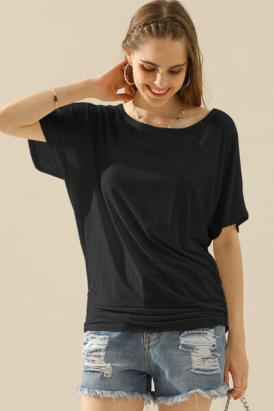 Ninexis Boat Neck Short Sleeve Ruched Side Top - AllIn Computer