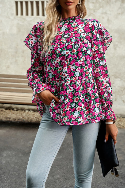 Printed Round Neck Flounce Sleeve Blouse - AllIn Computer