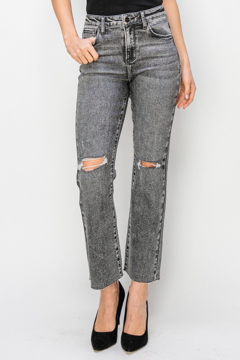 RISEN High Waist Distressed Straight Jeans - AllIn Computer