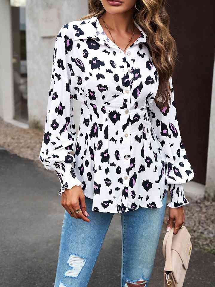 Printed Button-Up Lantern Sleeve Shirt - AllIn Computer