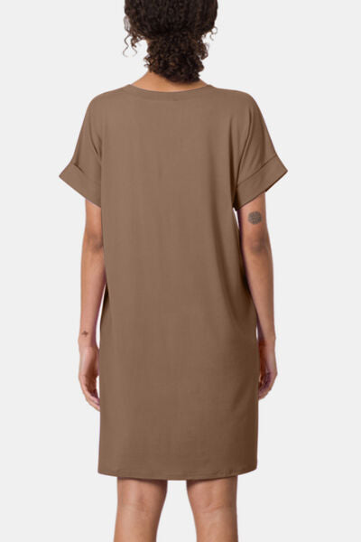 Zenana Rolled Short Sleeve V-Neck Dress - AllIn Computer