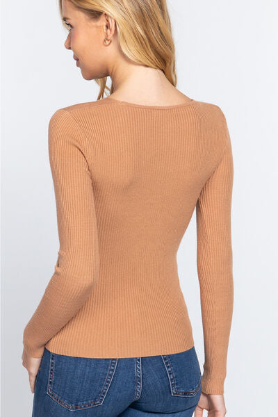 ACTIVE BASIC V-Neck Fitted Viscose Rib Knit Top - AllIn Computer