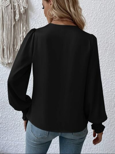 Surplice Smocked Lantern Sleeve Blouse - AllIn Computer