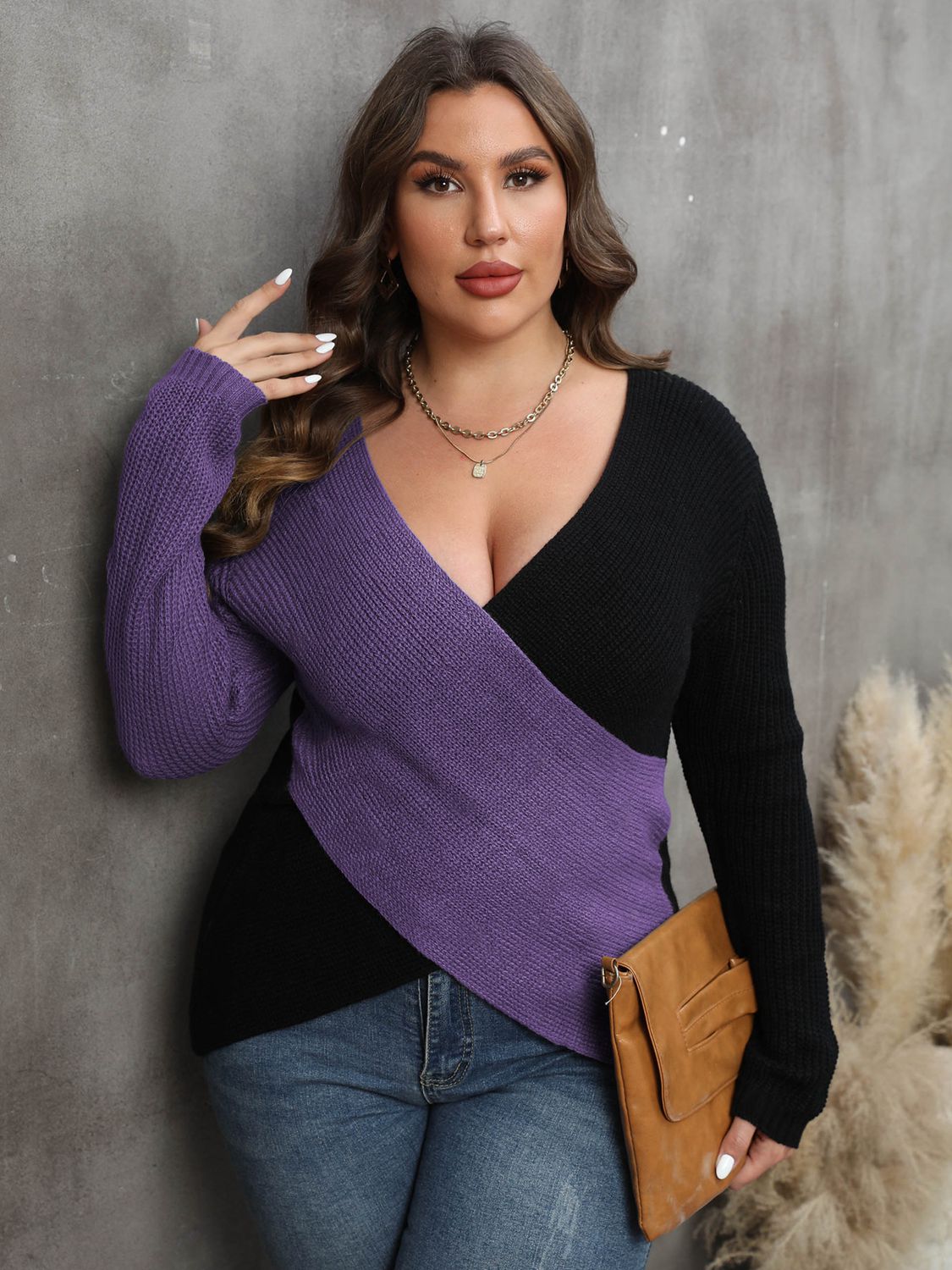 Plus Size Two-Tone Surplice Neck Sweater - AllIn Computer