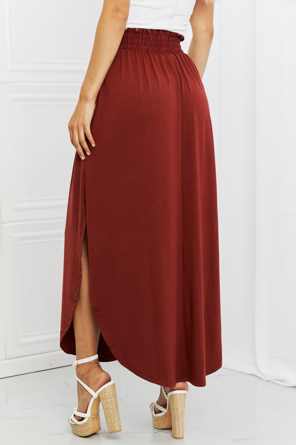 Zenana It's My Time Full Size Side Scoop Scrunch Skirt in Dark Rust - AllIn Computer