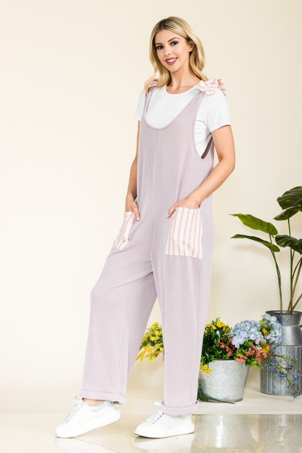 Celeste Full Size Stripe Contrast Pocket Rib Jumpsuit - AllIn Computer