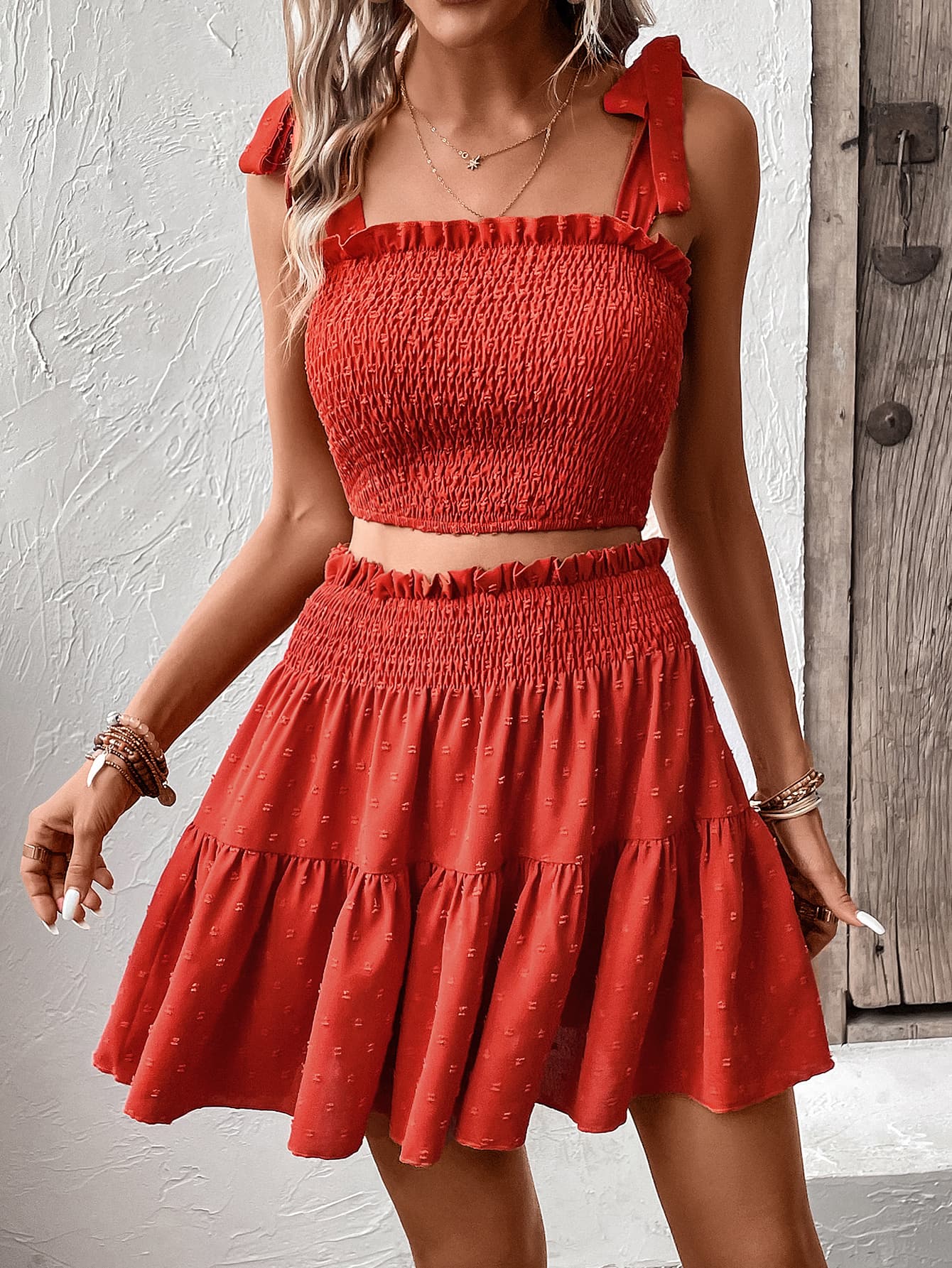 Smocked Tank and Frill Trim Skirt Set - AllIn Computer
