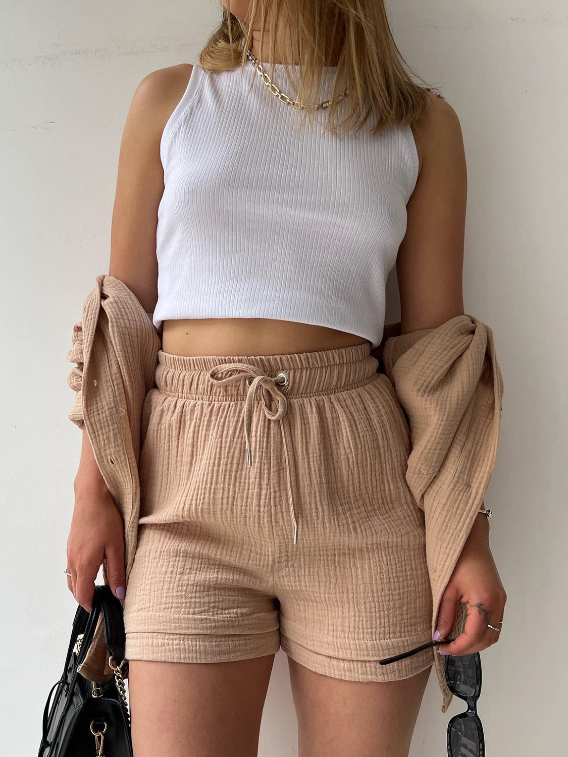 Texture Button Up Shirt and Drawstring Shorts Set - AllIn Computer