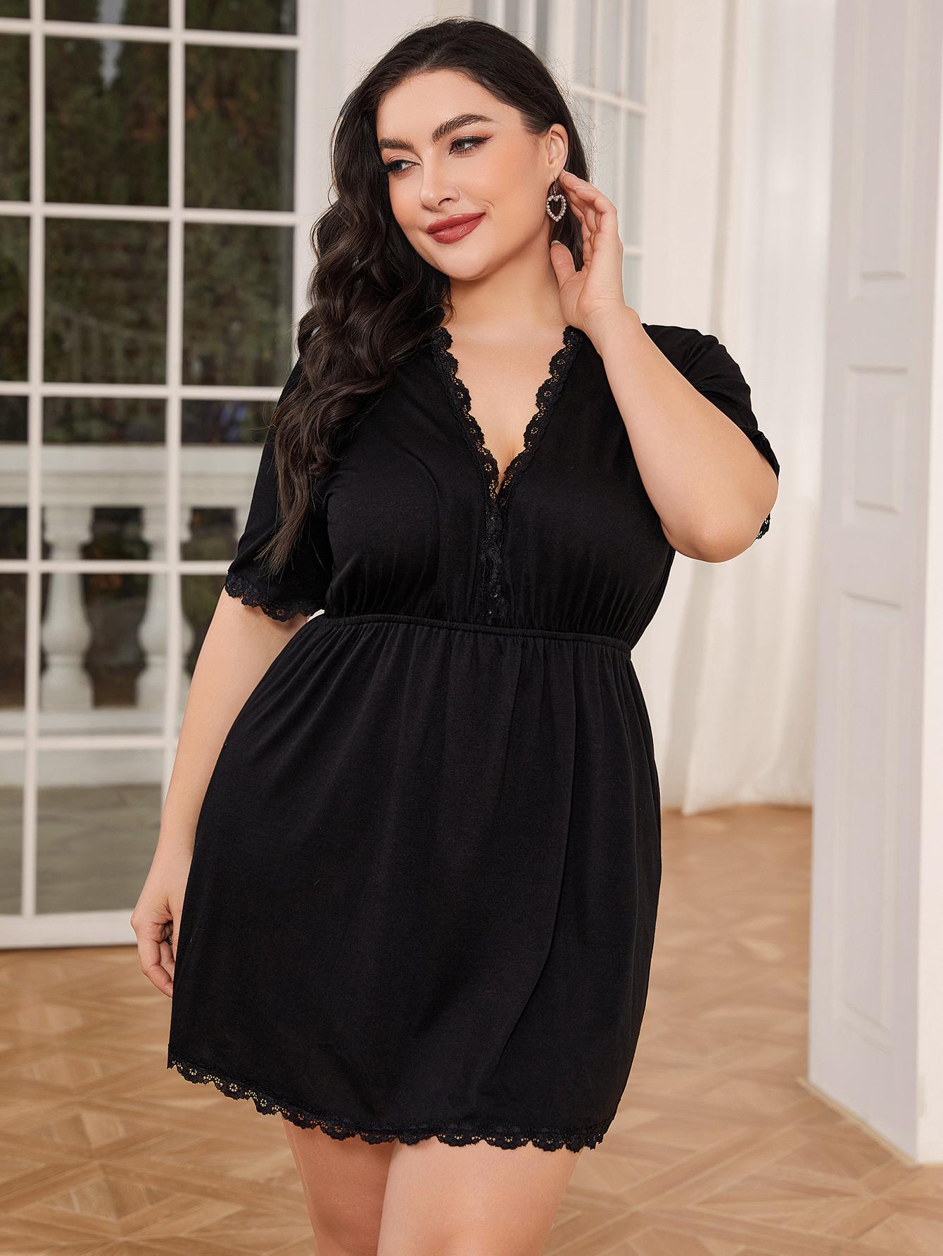 Plus Size Lace Trim Deep V Night Dress - AllIn Computer