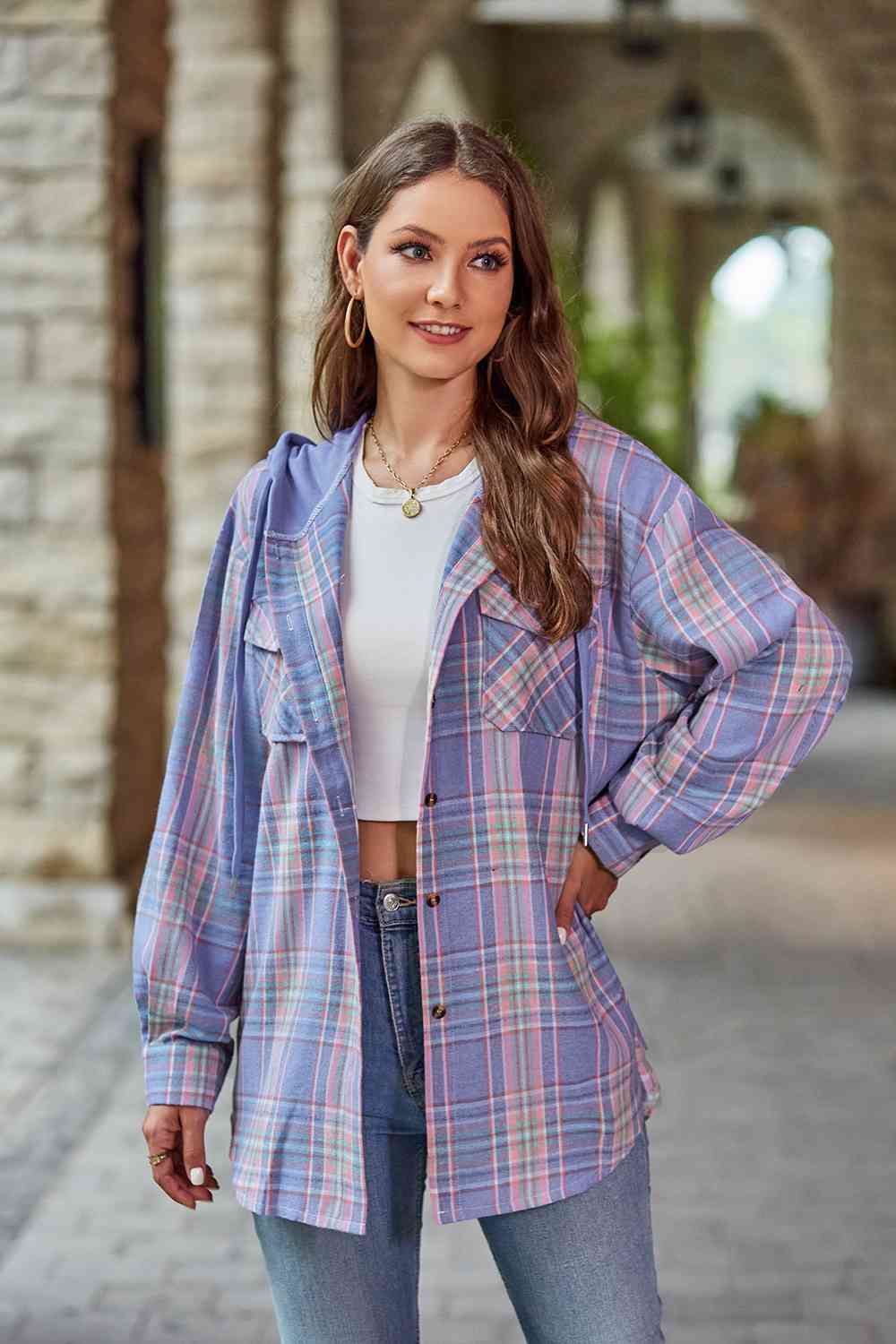 Plaid Long Sleeve Hooded Jacket - AllIn Computer